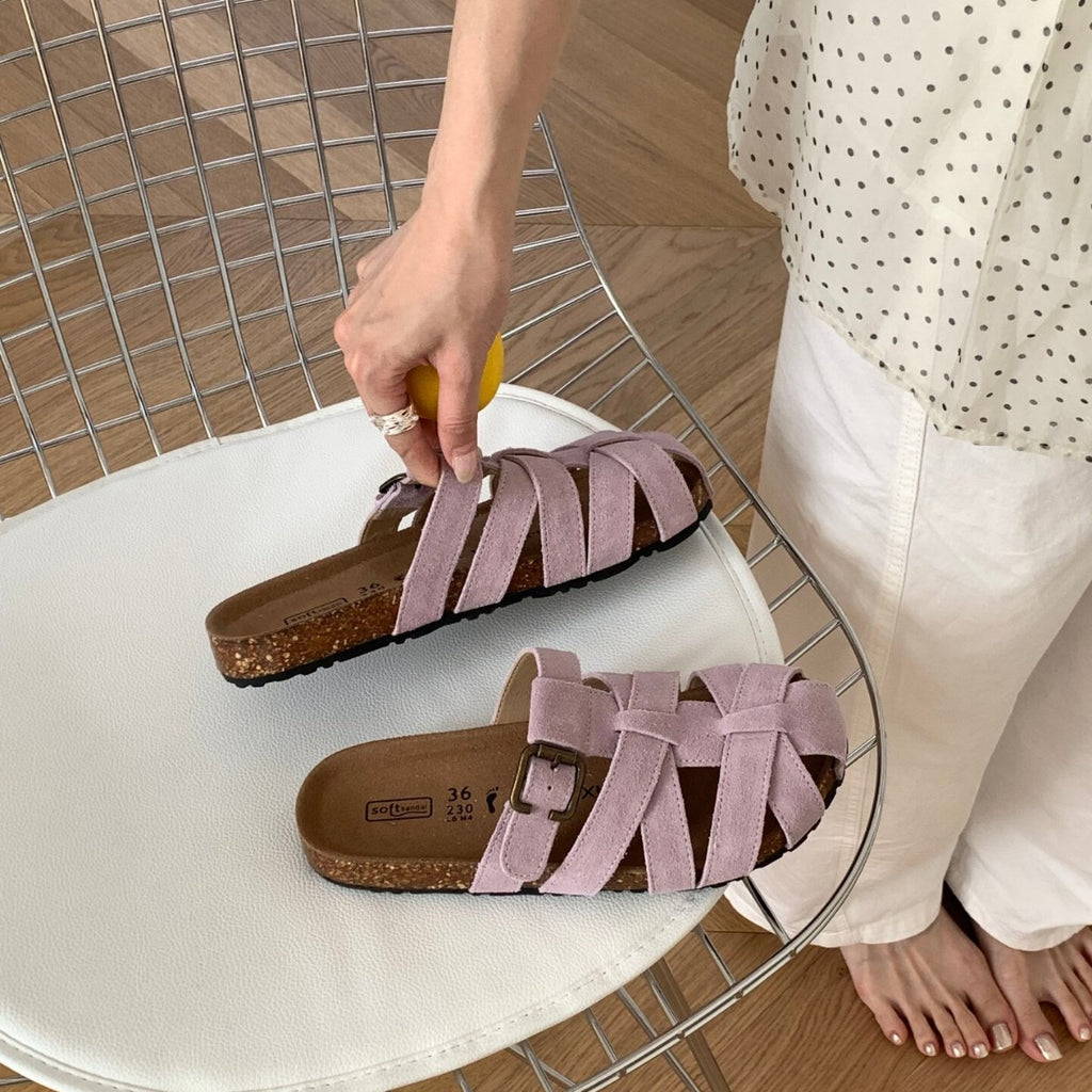 Genuine Leather Hollow-Out Slip-On Slippers