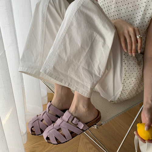 Genuine Leather Hollow-Out Slip-On Slippers